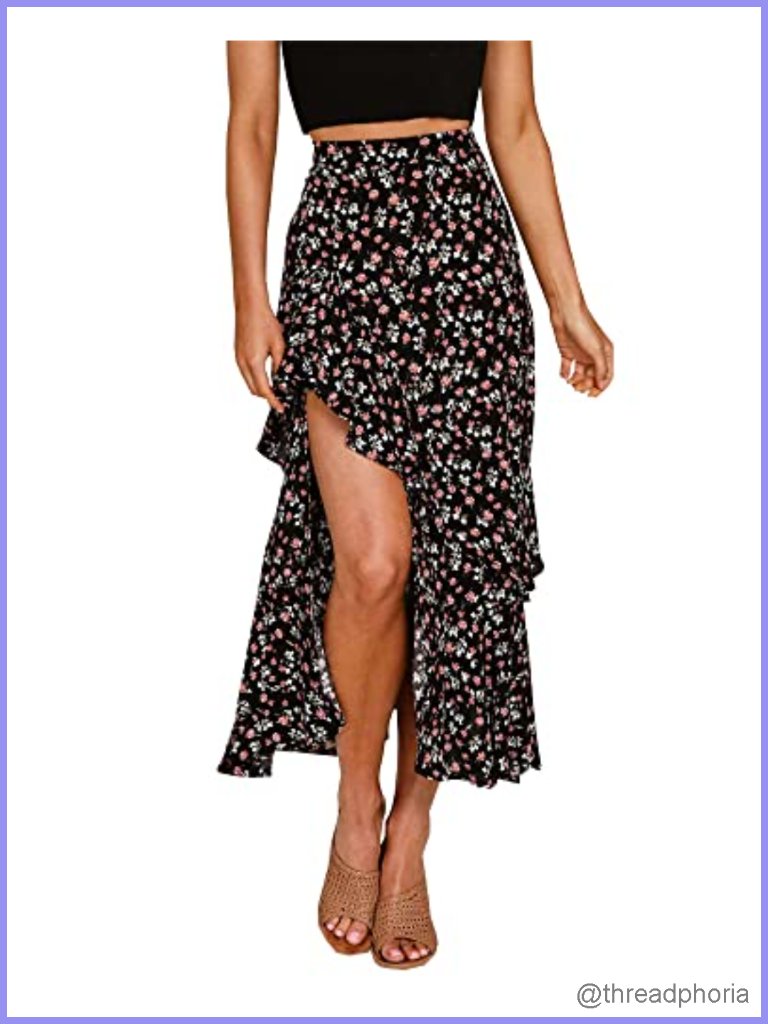 Women's Floral High Low Maxi Skirt - Boho Elastic Waist Beach Skirt